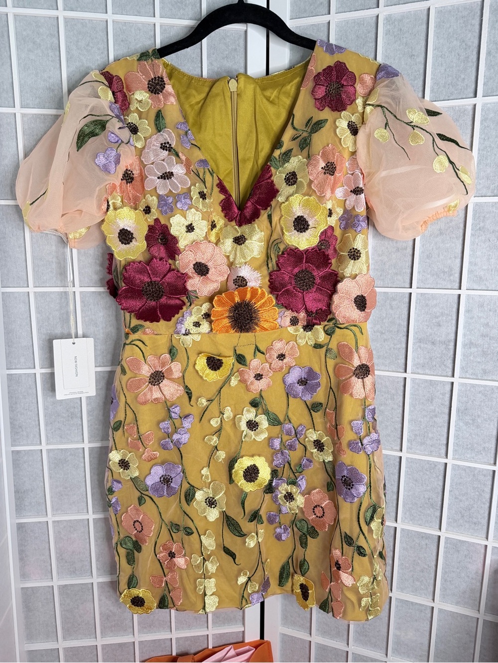 Floral Embroidered V-Neck Mini Dress in Mustard
